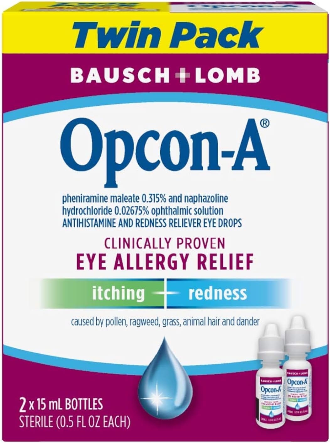 Bausch + Lomb Opcon-A Twin Pack (2 x 15ml) for Itch and Redness Relief, Red and Itchy Eyes Antihistamine Eye Drop - Bendrian