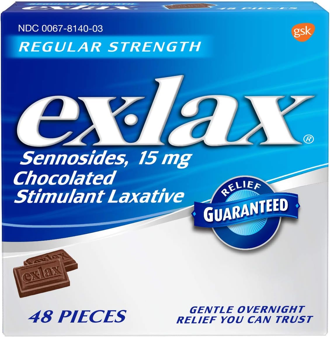 Ex-lax Regular Strength Chocolated Stimulant Laxative Constipation Relief for Occasional Constipation, Chocolate Laxatives - 48 count - Bendrian